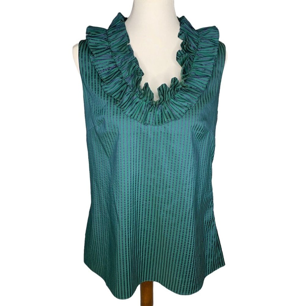 Sail To Sable Sleeveless Ruffle Neckline Top Size Large Green With Blue Stripes